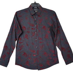 International Concept Men's Black Paisely red Button Front Dress Shirt Sz Small